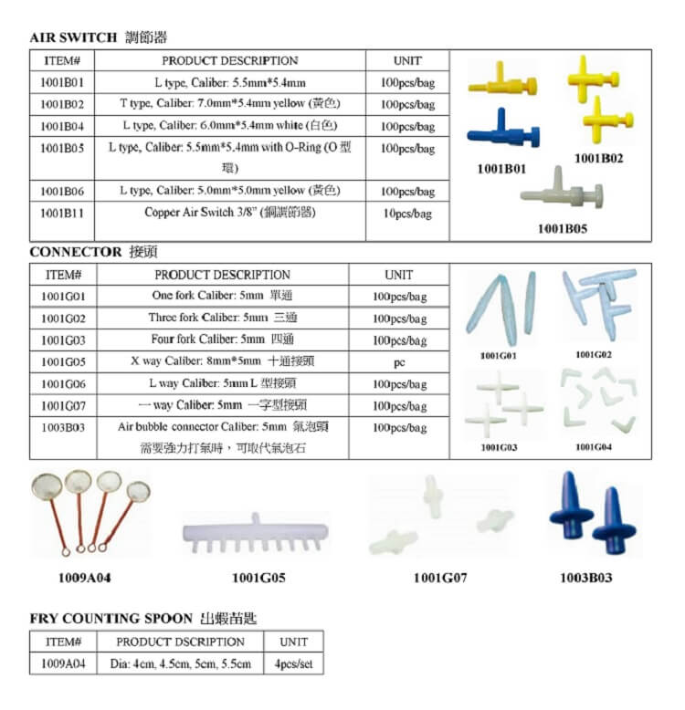 Air Switch & Connector & Fry Counting Spoon & Hollowed Hose Clamps